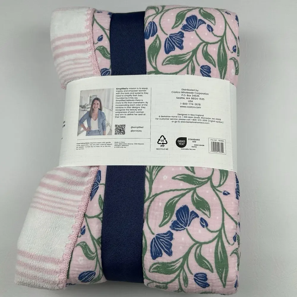 Artist Collection Cotton Gauze Throw Plush Reverse Pink Floral Blanket 60x70